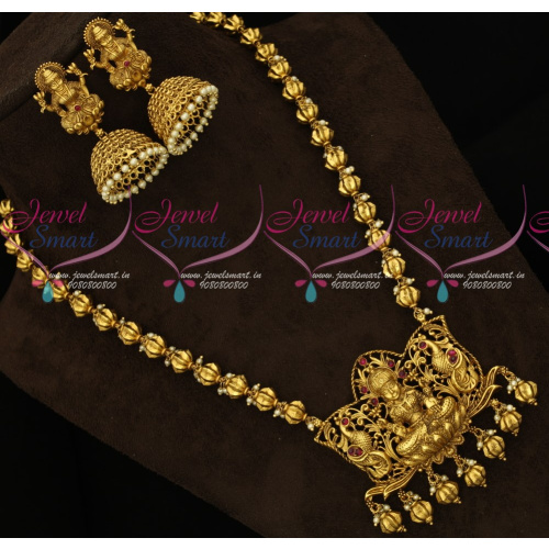 NL16969 Temple Pendant Beads Mala Chain Haram Matching Jhumka Earrings 2 Layer Beads Gold Designs