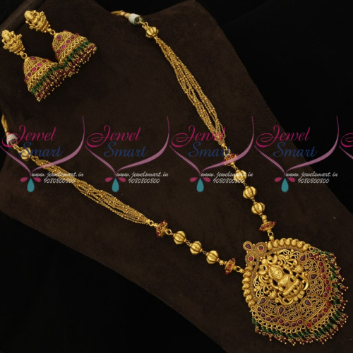NL16967 Temple Pendant Beads Mala Chain Haram Matching Jhumka Earrings 2 Layer Beads Gold Designs
