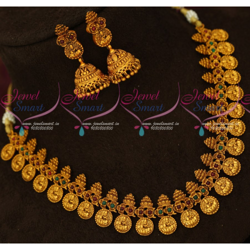 NL16927 Intricately Designed Temple Jewellery Laxmi God Coin Engraved Short Necklace