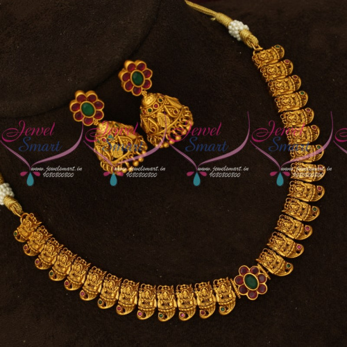 NL16988 Temple Jewellery Mango Design Laxmi God Engraved Design Matching Jhumka Earrings Online