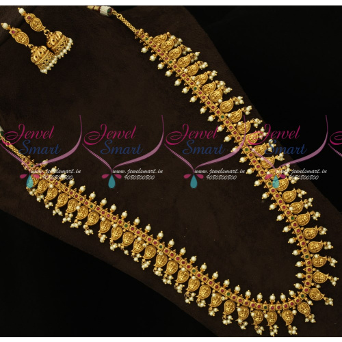 NL16968 Mango Laxmi Coin Gutta Pusalu Haram Latest Nakshi Long Necklace Online