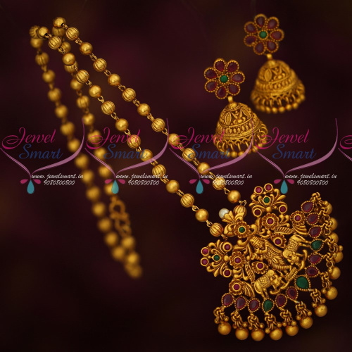 PS17166 Lord Krishna Design Matte Reddish Chain Pendant Jhumka Temple Jewellery Online