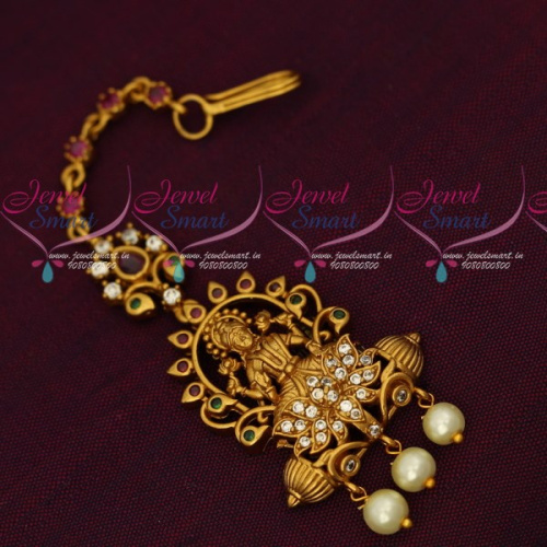 T16895 Temple Jewellery Matte Gold Plated Short Maang Tikka AD Stones Artificial Collections