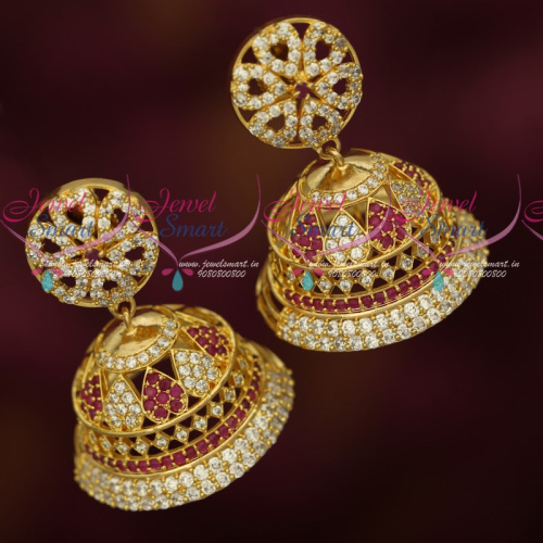 J17451 Big Broad Bell Shape Jhumka Ruby White Stones Light Gold Plated Jewellery Online