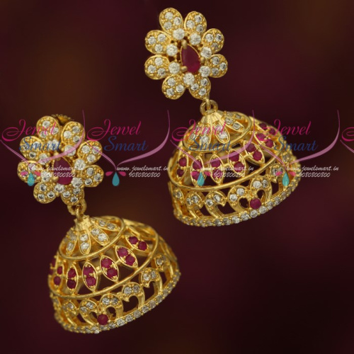 J17453 AD Ruby White Stones Jhumka Earrings Light Gold Finish Imitation Jewellery Online