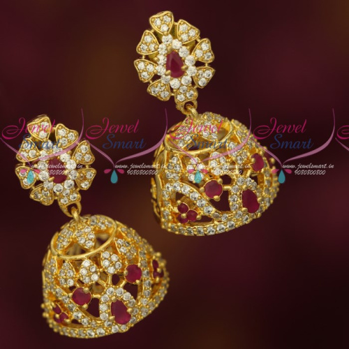 J17454 AD Ruby White Stones Fancy Jhumka Earrings Latest Imitation Jewellery Online