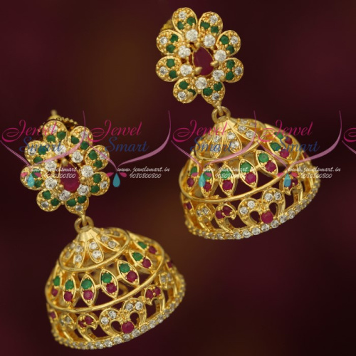 J17455 AD Multi Color Stones Jhumka Earrings Light Gold Finish Imitation Jewellery Online
