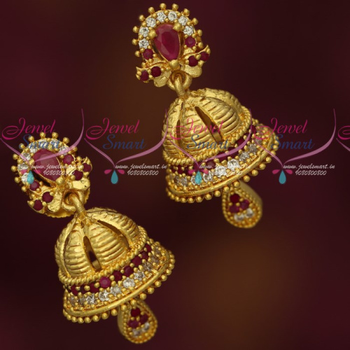 J17457R AD Ruby White Stones Small Size Beautiful Jhumka Earrings Online