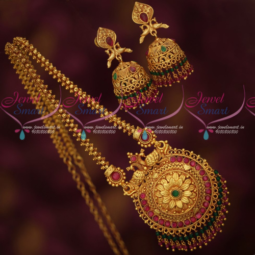 PS17412 Antique Reddish Gheru Chain Pendant Crystal Jhumka Earrings Screwback South Indian Jewellery