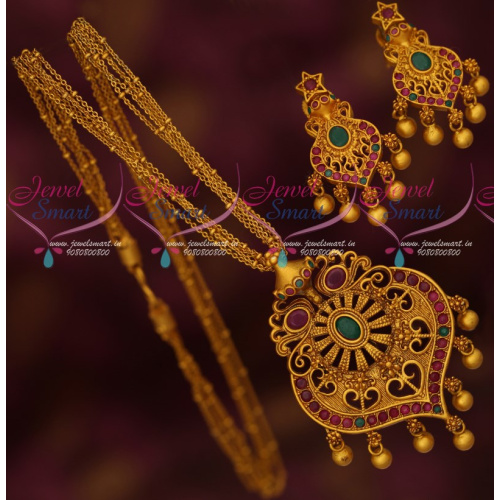 PS17458M Ruby Emerald Stones Multi Strand Thin Chain Reddish Gold Plated Pendant Earrings 