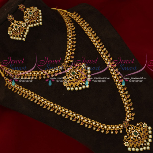 NL17394 Matte Reddish Gold Plated Combo Long Short Necklace Set Mini Bridal Jewellery Online