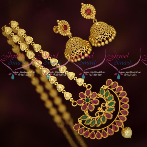 NL17377 Fancy Long Chain Ruby Emerald Broad Pendant Screwback Jhumka Earrings South Indian Gold Covering Jewellery