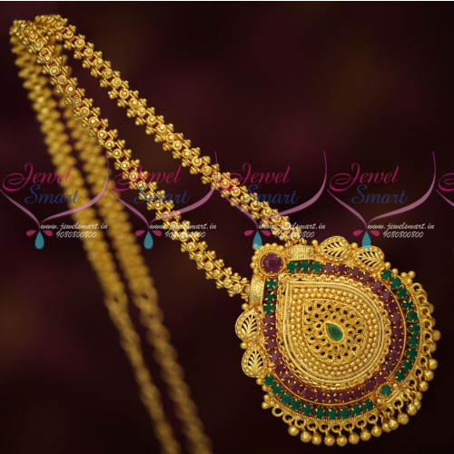 PS17361 Daily Wear Gold Covering Chain Pendant Red Green Stones Traditional Jewellery