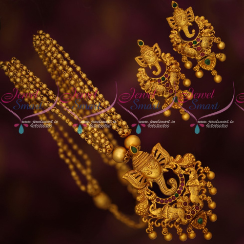 PS17472 Gold Jewellery Inspired Design Beads Mala Lord Ganapathy Pendant Matching Earrings Online
