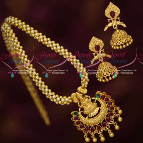 NL17372 Handmade Pearl Chain Temple Pendant Matching Jhumka South Indian Gold Covering Jewellery Online