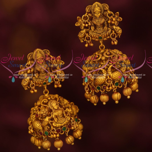 J17272 Antique Temple Jewellery Temple Big Bridal Jhumka Earrings Matte Gold Finish Online