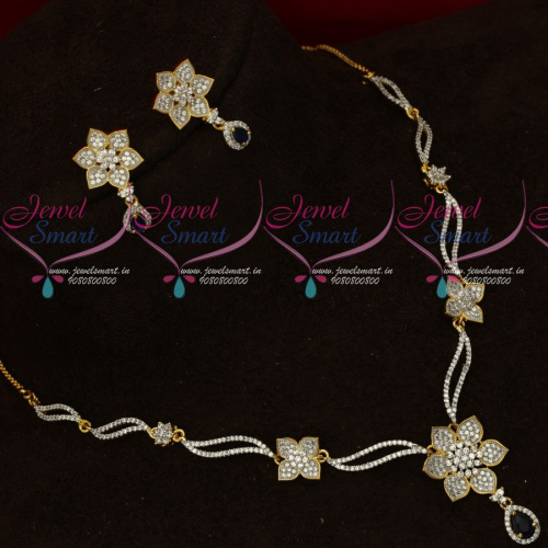 NL17754 Blue White Thin Delicate Diamond Design Imitation Jewellery Short Necklace Set 