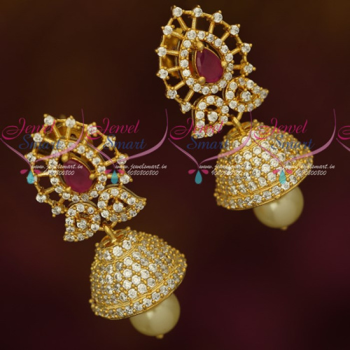 J17514 AD Stones Fancy Jhumka Earrings Latest Imitation Jewellery Ruby White Online