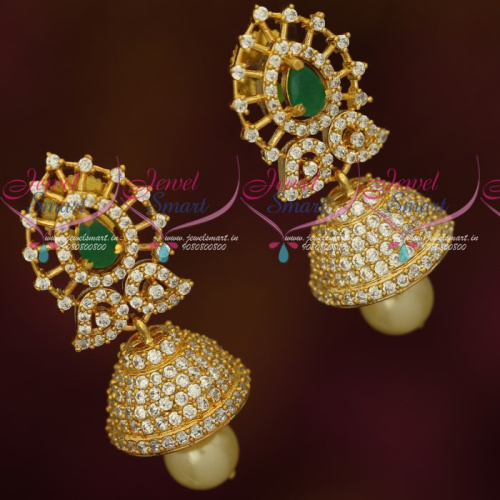 J17515 AD Emerald Green Stones Fancy Jhumka Earrings Latest Imitation Jewellery Online