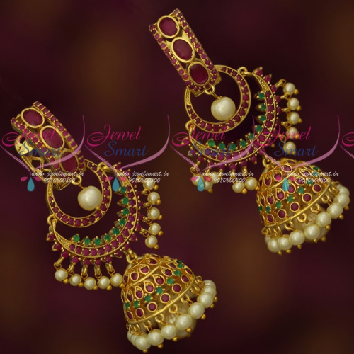 J17814 Ruby Emerald ChandBali Stud Double Step Jhumka Drops Latest Party Wear Jewellery
