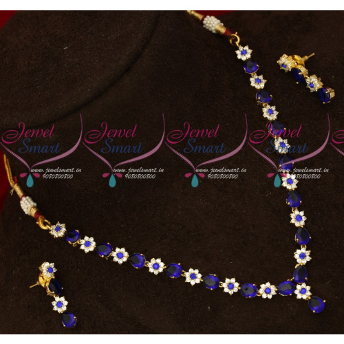 NL17633 Dark Blue Color Simple Design Low Price American Diamond Necklace Set Shop Online