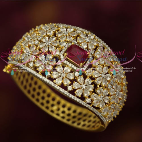 B17819 Floral Design High Quality Diamond Look AD Stones Clip Open Kada Bracelet Online