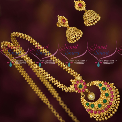 PS17933 Gold Covering Ghajiri Chain Chandbali Pendant Jhumka Screwback Earrings
