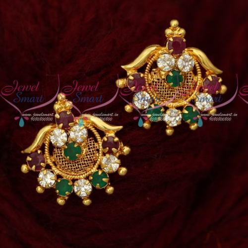 ER17831 AD Multi Color Daily Wear Gold Covering Ear Studs South Indian Jewellery