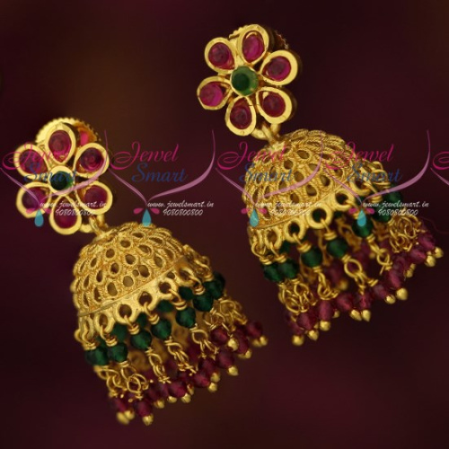 J17524 Small Jhumka Crystal Handmade Bead Danglers Gold Design Earrings