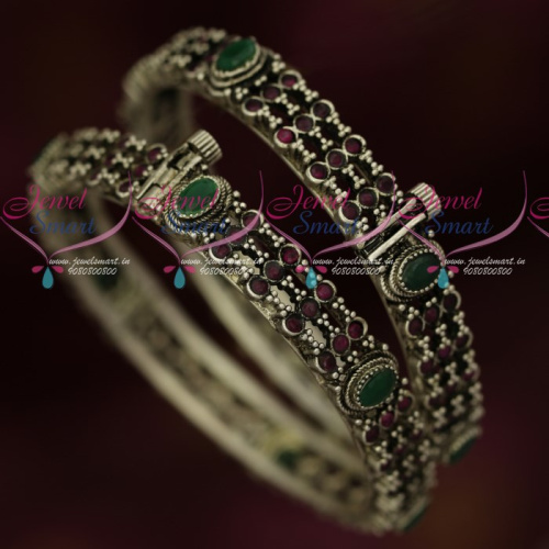 B17838 Broad Screw Open Oxidised Silver Plated Ruby Emerald Bangles Online