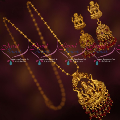 PS17719 Ruby Jewellery Temple Thin Chain Pendant Matching Jhumka Earrings Crystal Drops