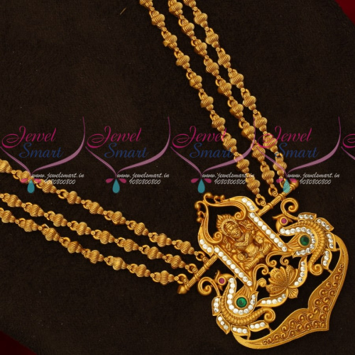 NL17902 Intricately Designed 3 Line Matte Gold Plated Beads Haram Temple Mugappu Pendant Online