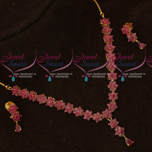 NL17760 Ruby Stones Delicate Floral Traditional Design Short Necklace Set Gold Plated Online