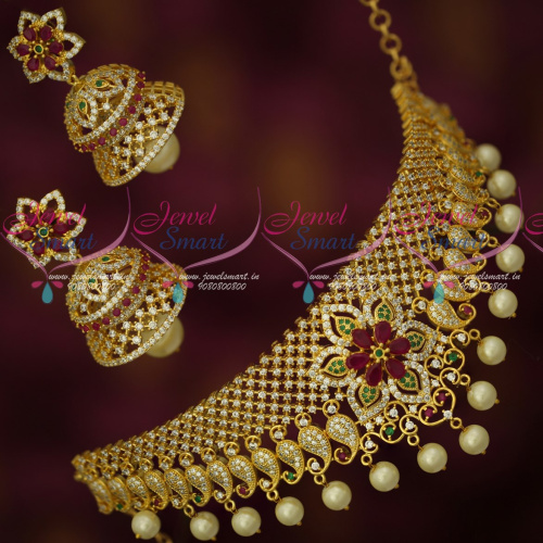 NL18162 Latest Bridal Choker Double Layer Fancy Jhumka Imitation Jewellery Designs Online