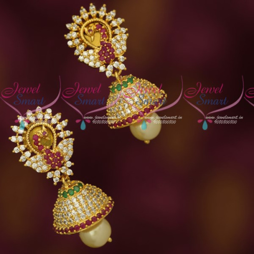 J18013 Latest Gold Plated Imitation Jhumka Peacock Design AD Stones Jewellery Online