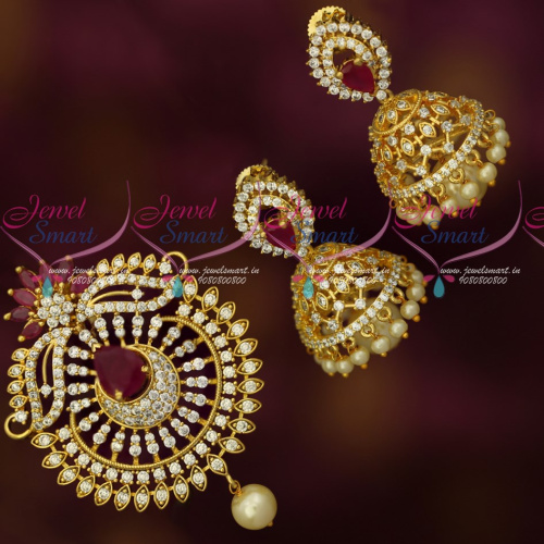 PS18114 Latest Design AD Jewellery Ruby White Pendant Jhumka Set Online