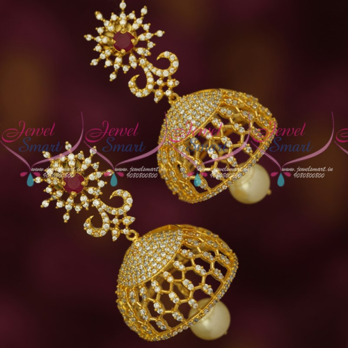 J18014 Broad Stylish Beautiful Look Jhumka Earrings Ruby White AD Stones Artificial Jewellery