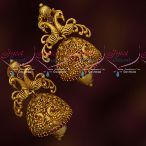 J18183R AD Stones Matte Antique Dull Gold Plated Fancy Jhumki Earrings Peacock Design