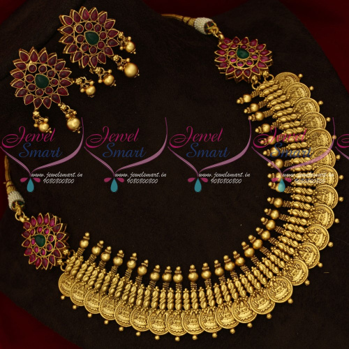 NL18294 Antique Gold Plated Real Kemp Mugappu Coin Necklace Intricately Finished Jewellery Set Online