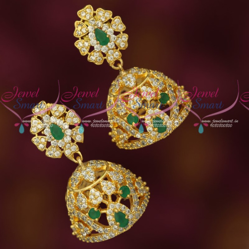 J18023 Emerald Green White AD Stones Fashion Jewellery Gold Plated Jhumkas