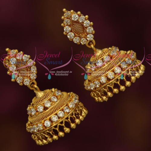 J18312 White Stones South Indian Woven Design Imitation Jhumka Daily Wear Jewellery