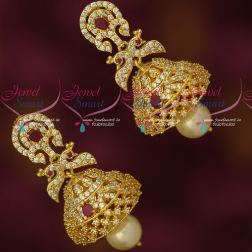 J18016 Gold Plated Jhumka Earrings AD Ruby White Imitation Collections Online Sale