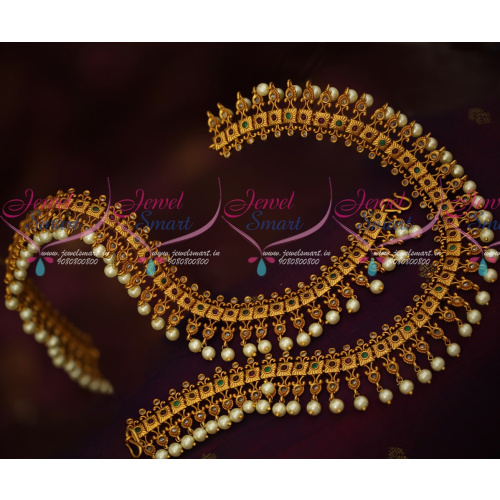 P18042 Matte Gold Intricately Designed Anklets Payal AD Stones Pearl Drops Party Wear