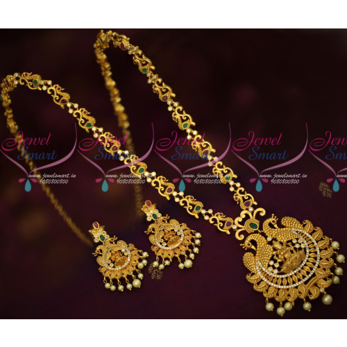 NL18387 Temple Wedding Jewellery Designs Multi Colour AD Light Gold Matte Haram Online