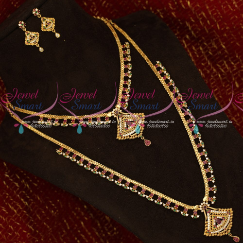 NL18546 American Diamond Stones South Indian Gold Covering Short Long Bridal Jewellery Set