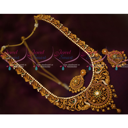 NL18458 Bridal Jewellery Matte Gold Plated Haram Latest AD Stones Floral Peacock Design Online