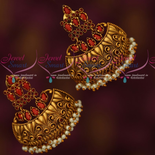 J18441 Coral Stones Stylish Half Jhumka Pearl Drops Broad Fancy Design Collections