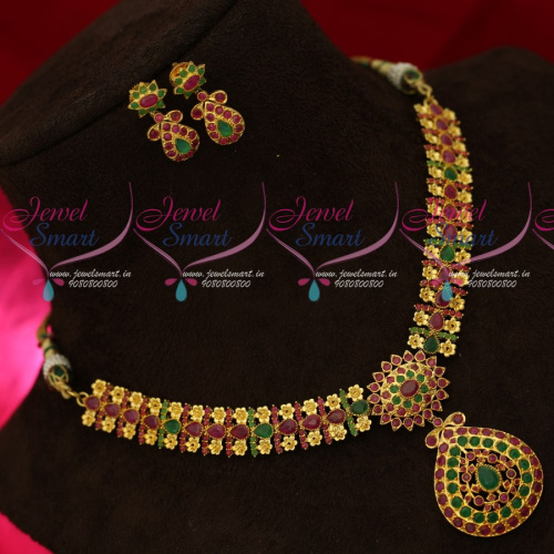NL18604 Ruby Emerald  Broad Short Necklace Floral Design Pear Shape Stones Online