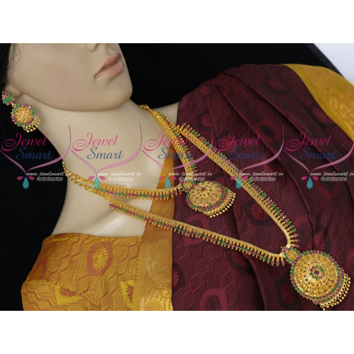 NL18502 South Indian Short Long Matching Combo Gold Covering Bridal Jewellery Set