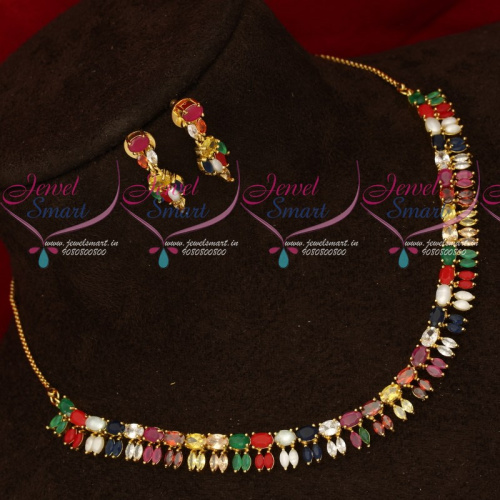 NL18476 South Traditional Gold Plated Navratna Semi Precious Stones Necklace Set Online